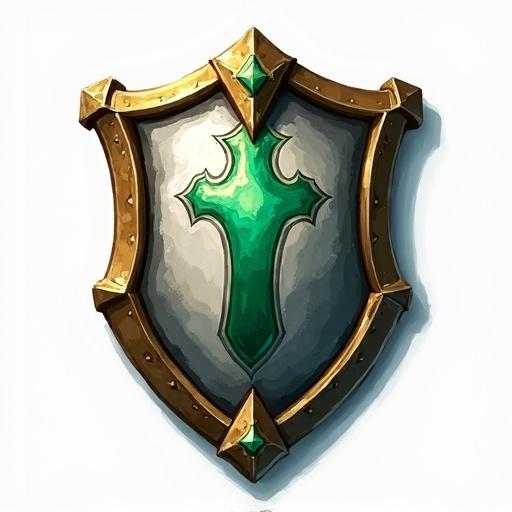 Icon of a legendary shield with a green emblem. Shield has a gold border and appears stylized for a card game. The background is transparent. The artwork has a painted style.