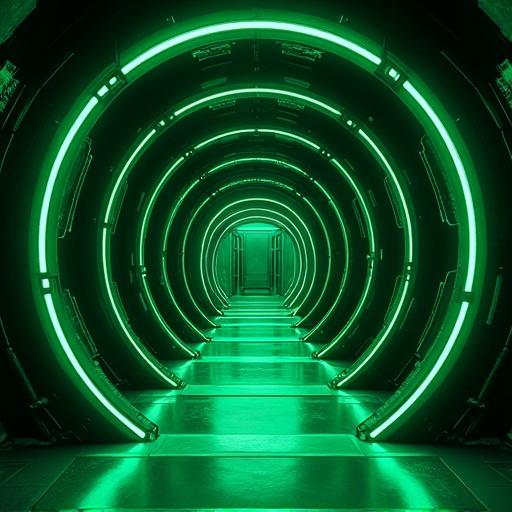 Anime setting inside a futuristic bunker with an oversized design. Features a neon-lit rectangular corridor in emerald green and black. The atmosphere is high-tech and luxurious, set in Shanghai during noon.