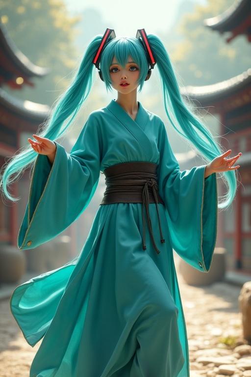 Hatsune Miku wearing turquoise Jedi robes dancing in an ancient Japanese village.