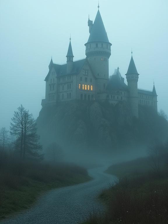A castle rising above rocky terrain shrouded in mist. The structure is intricate with towers and spires. Soft light glows from the windows, illuminating the fog.