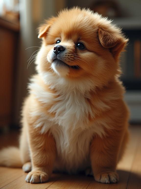 Chubby dog with fluffy fur sitting confidently and looking at the viewer.