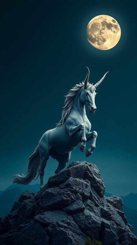 A unicorn stands majestically on a rocky peak under a full moon.