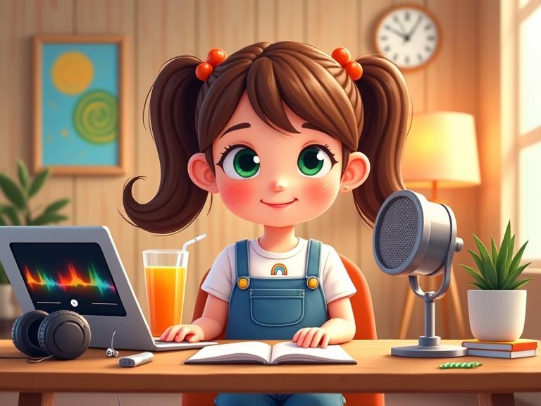 Cartoon-style illustration of a girl aged 10-12 recording a podcast in a cozy studio. She has brown hair in pigtails, red hair ties, wears a white t-shirt with a rainbow, and blue denim overalls. Desk has a laptop with audio waveforms, a microphone, headphones, orange juice, and a succulent. Background has light-brown wooden walls and abstract paintings. Warm lighting creates a cheerful atmosphere.