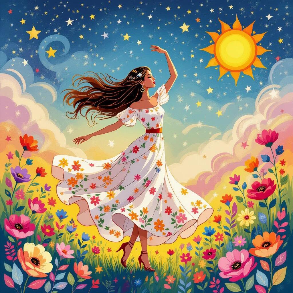 Dancing woman with long flowing hair Wear a beautifully detailed dress decorated with flowers. Surrounded by colorful flowers set against a vibrant background. The backdrop includes bright stars and a radiant sun. The art style is whimsical and artistic.
