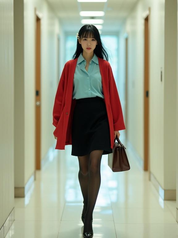 A young East Asian female agent walks through a corridor. She wears a sky-blue blouse and a black knee-length skirt. A red cardigan is worn outside. Black pantyhose and heels complete the outfit. She carries intel files and a brown satchel. Her hair is bunned with a white flower clip. The corridor has off-white walls with soft lighting.