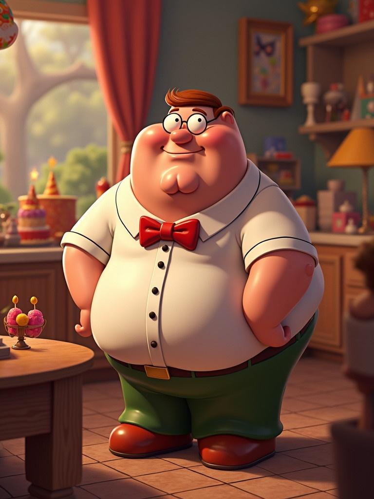 Cartoon character Peter Griffin standing at a children's birthday party. He has a big smile and is wearing a white shirt with a red bow tie. The background shows birthday decorations and a cheerful setting.