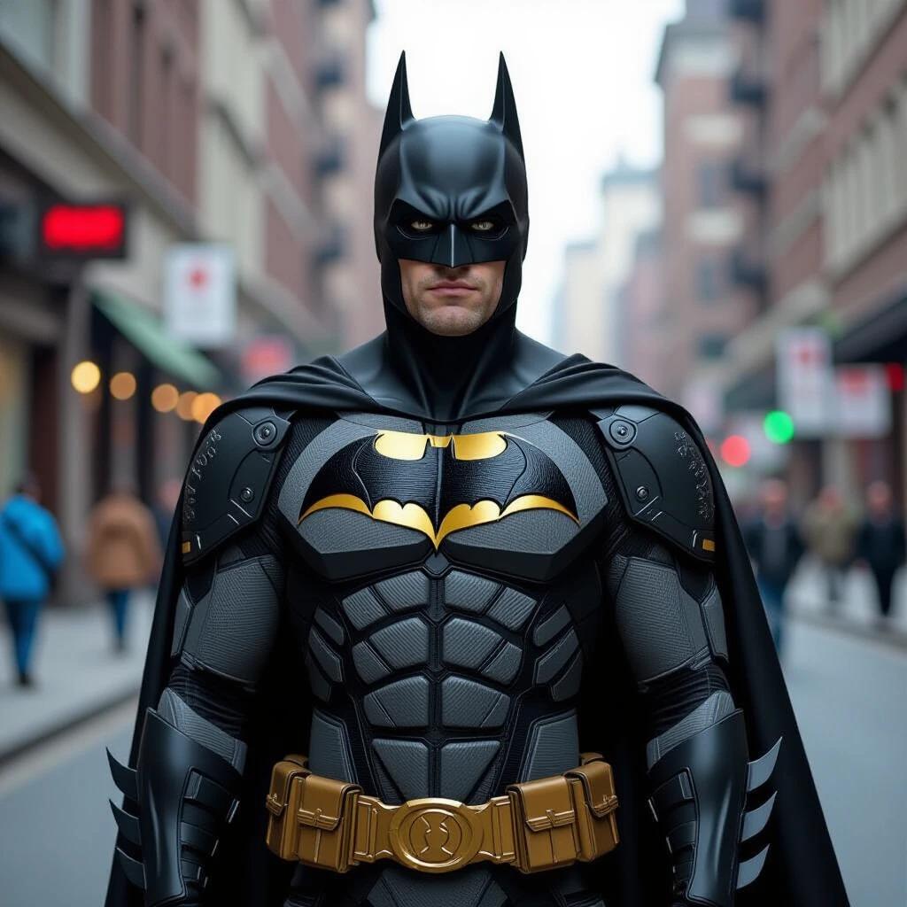 A figure resembling Batman in a dark urban setting. The character is prominent with a striking costume featuring a black and yellow color scheme. An iconic superhero pose is presented. The background showcases a city street atmosphere with hints of movement and urban life.