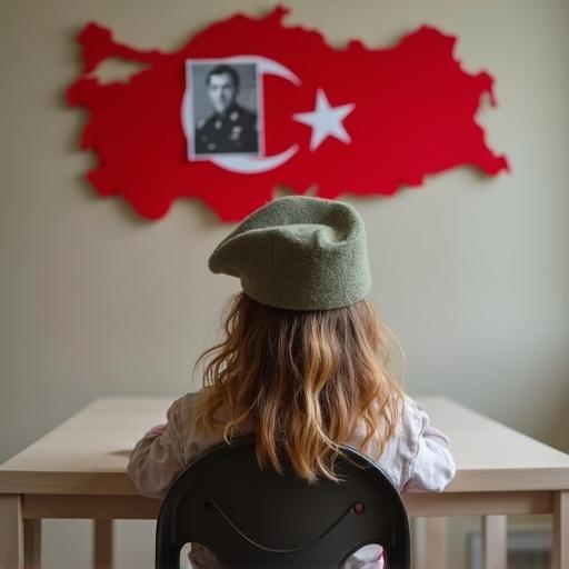 Girl sitting on chair wearing soldier hat. Red map of Türkiye on wall. Soldier photo pinned to map.