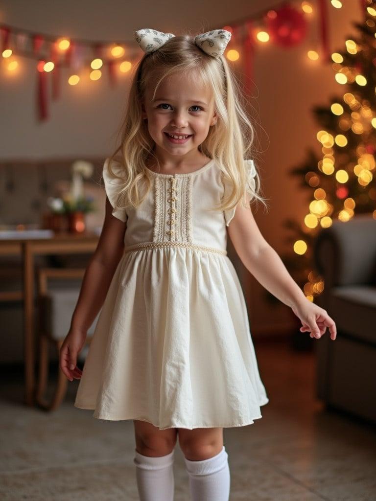 A girl dressed in a cream party dress stands at a festive gathering. White knee-high socks accentuate her outfit. The setting features warm holiday decorations. She carries an enchanting presence.