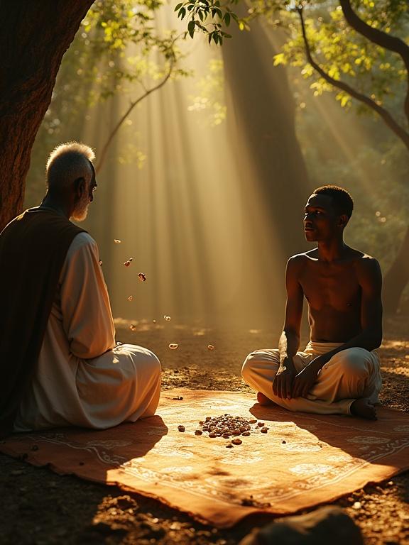 Scene of Exu and a venerable Babalaô under ancient trees. The atmosphere is intense as cowrie shells are thrown on a patterned cloth. Exu shows determination while absorbing the oracle's words. Sunlight filters through the leaves, illuminating the setting. The grove exudes ritual energy. Details include ritual mat with búzios, earthy textures, and sacred objects. The contrast between wisdom and raw nature is vivid.