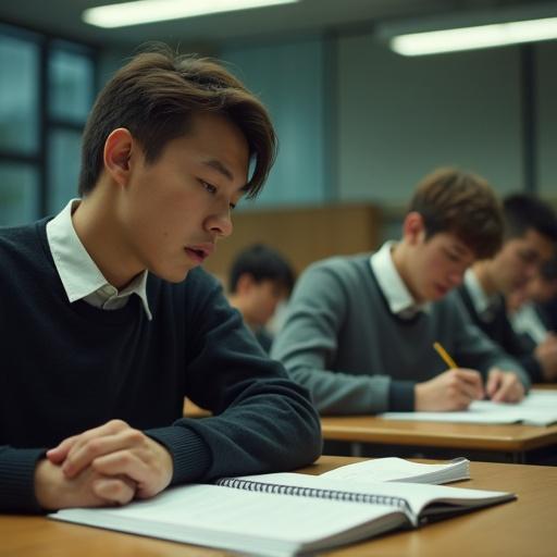 University exam hall setting with students sitting in silence. Rows of students positioned at desks sharply focused on papers. Cinematic lighting creates a tense atmosphere. Muted but vibrant color palette enriches the environment. Students display deep concentration while taking the exam.