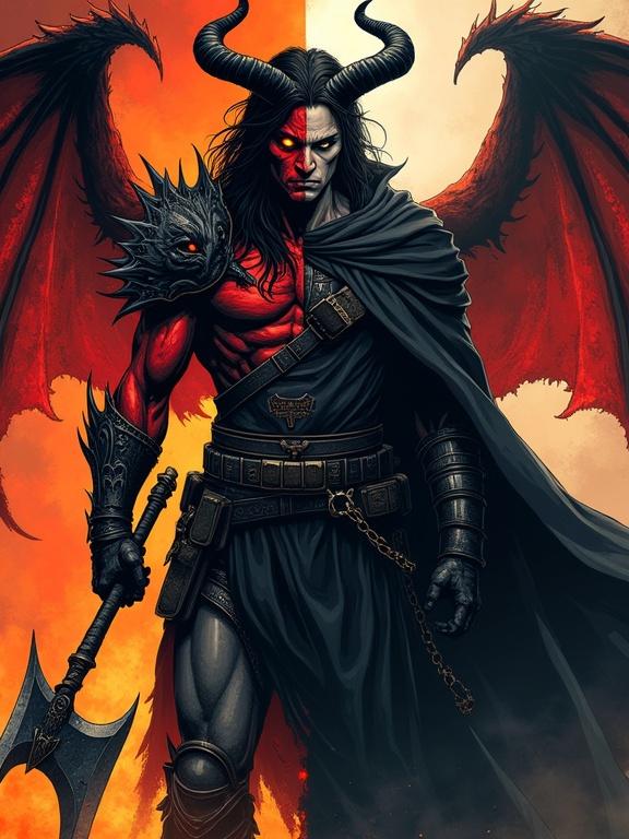 Digital art comic book style depicting a cambion warrior alongside his human disguise. Left side shows an infernal warrior with red skin glowing eyes black horns and bat wings in dark armor. Right side reveals the human form with pale skin and tactical clothing. Background features a split design with fiery wasteland and shadowy elements. Intricate artistic shading and detailed depth create a dramatic effect.