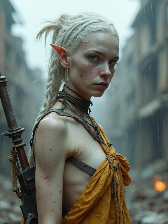 A tall young albino wasteland huntress with pale skin and wiry muscles. Her appearance shows albinism features. She has tangled white hair, an exhausted expression, and minimal clothing made from scraps. She stands among urban ruins in the rain. A crude weapon is on her back, and a hunting satchel hangs from her side.