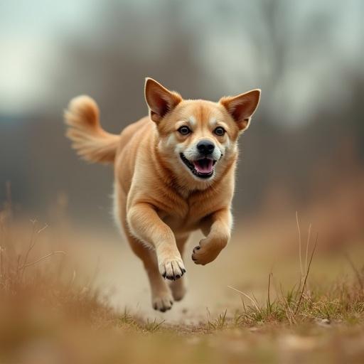 A dog running joyfully along a path with soft fur and a happy expression. The background shows an out-of-focus natural landscape.