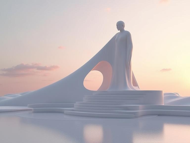 High-quality, futuristic architectural scene featuring smooth, matte gray structure with elegant curves and oval cutouts. Positioned over polished silver reflective surface with gentle wave pattern. Set against soft peach sunset sky with light clouds. Captured from slightly tilted side perspective. High-quality digital artwork.