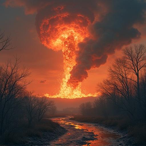 Imagery depicting an apocalyptic scene. Fiery explosion in the sky. Dark trees line a river. Landscape filled with tension and drama. Dominant red and orange colors. Overall atmosphere evokes fear and chaos.