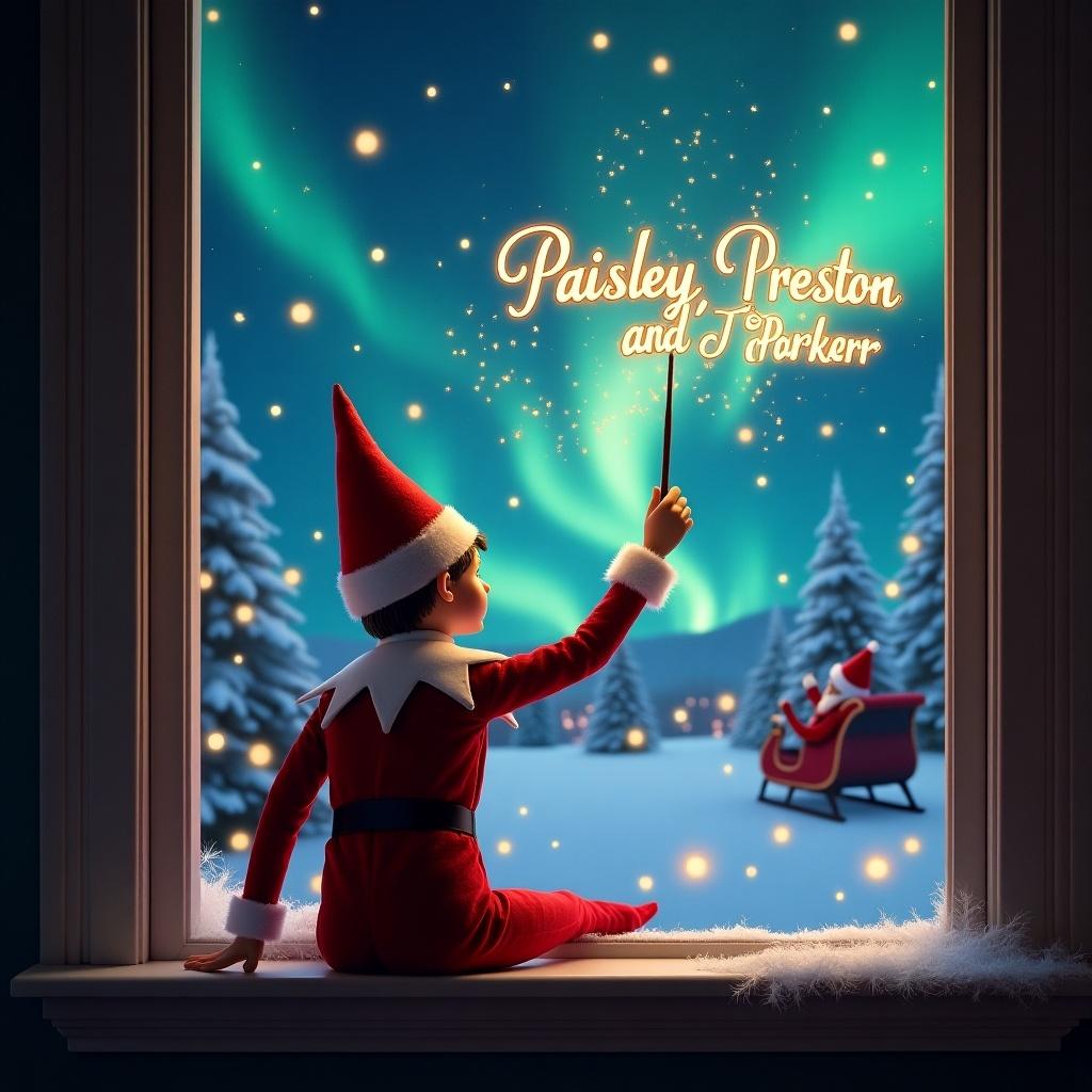 Elf on a window ledge facing a magical Christmas scene with stars and northern lights. Santa Claus in his sleigh in the background. Elf wearing a red outfit and pointed hat, using a wand to write 'Paisley, Preston and Parker' in sparkling letters.