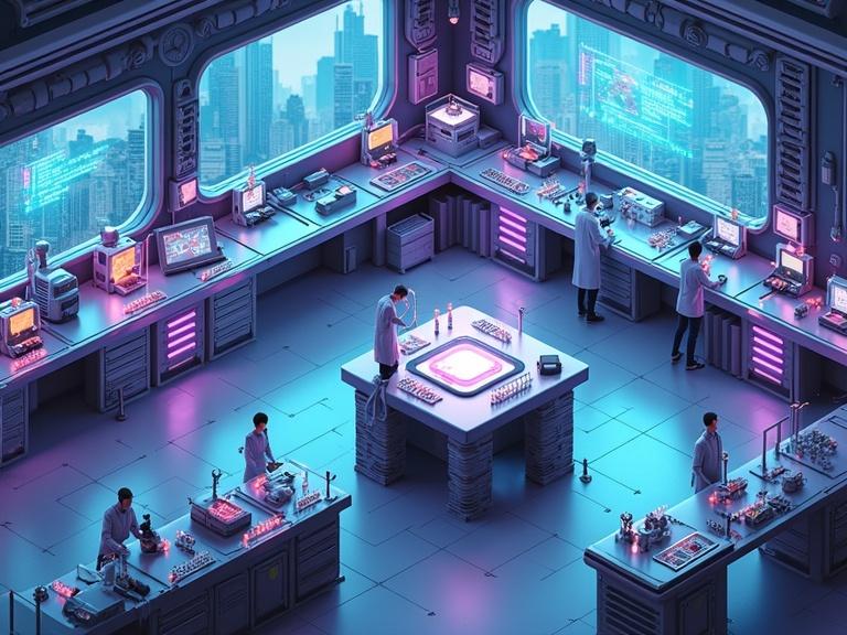 Highly detailed isometric illustration of futuristic sci-fi laboratory. Scene includes advanced holographic displays glowing computer terminals and sleek metallic workbenches. High-tech equipment like microscopes DNA sequencers and test tubes present. Laboratory exhibits cyberpunk or biotech aesthetics with neon-blue and purple lighting accents. Features robotic arms handling experiments floating holograms and large observation windows revealing a futuristic cityscape outside. Reflective floor with grid-like patterns and walls with interactive screens displaying complex data. Scientists in high-tech suits working on experiments storage units with labeled vials and a central AI core emitting a soft glow. Overall atmosphere is cutting-edge immersive and detailed.