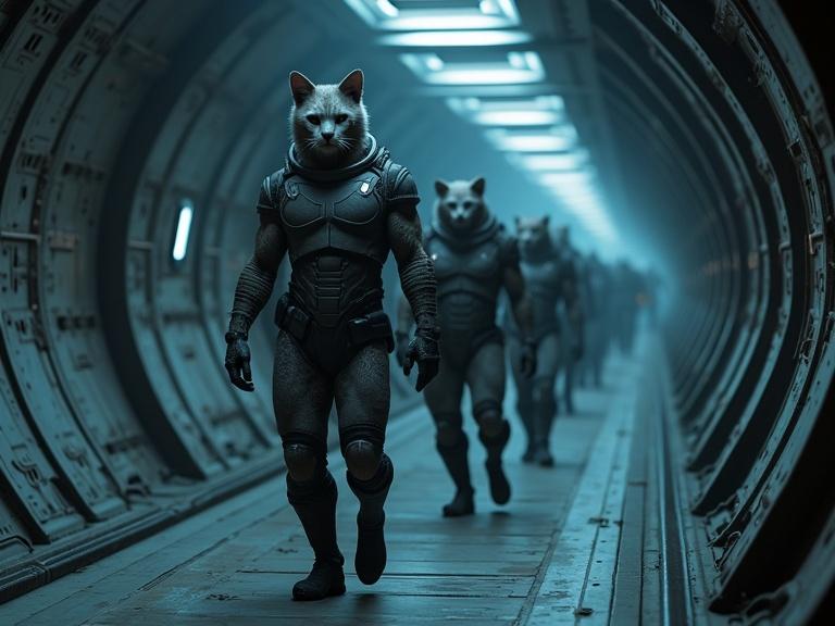 Cinematic scene with buff bulky furry humanoid feline soldiers. They wear sci-fi military suits. A grey metal sci-fi sleek bevel ship wide corridor is visible. The atmosphere is dark with shadows and realism. Specular details highlighted with a blue filter.