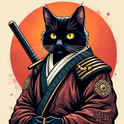 Samurai cat illustration showcasing a black cat in a traditional samurai outfit. The cat has striking yellow eyes and holds a katana. Background features a bold red circle. Inspired by Japanese art and urbanwear styles.