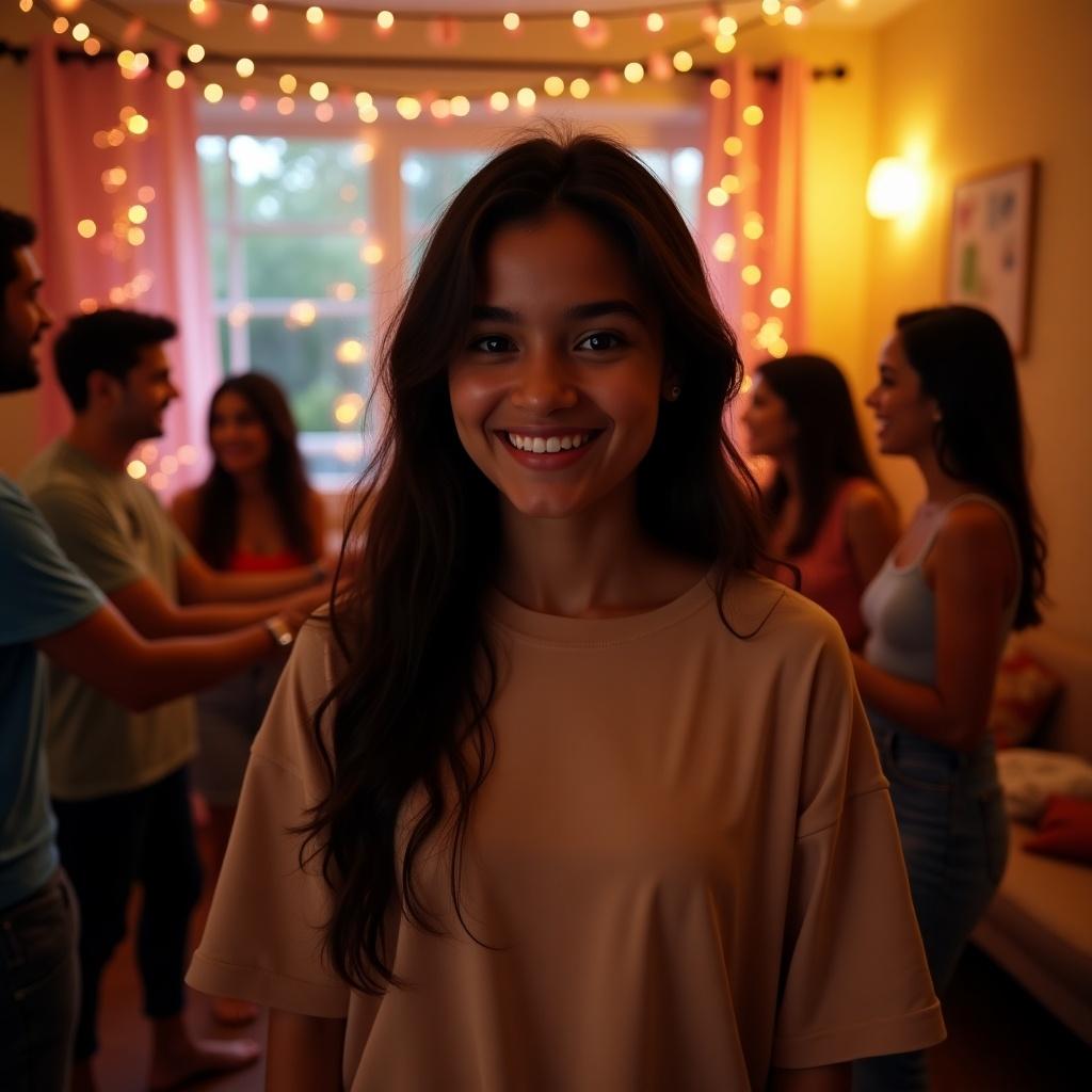 A beautiful girl is at a house party, wearing an oversized t-shirt with casual jeans or shorts. She has long dark hair styled naturally and a cheerful smile, interacting with friends in a cozy setting. In the background, other people in casual attire are chatting and laughing, contributing to the lively atmosphere. The room is warmly lit, enhancing the friendly vibe with colorful decorations. This image captures a candid moment where the girl exudes warmth and charm, making it a perfect representation of joyful friendship gatherings.