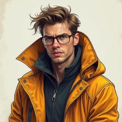 Illustration of an investigator wearing a comfortable raincoat. Intense expression on the face. Colored pen style used for details. Stylized depth created with artistic shading and soft cel shading. Non-photorealistic approach with visible pencil strokes and matte shading. Fusion of styles from Arcane and Klaus.