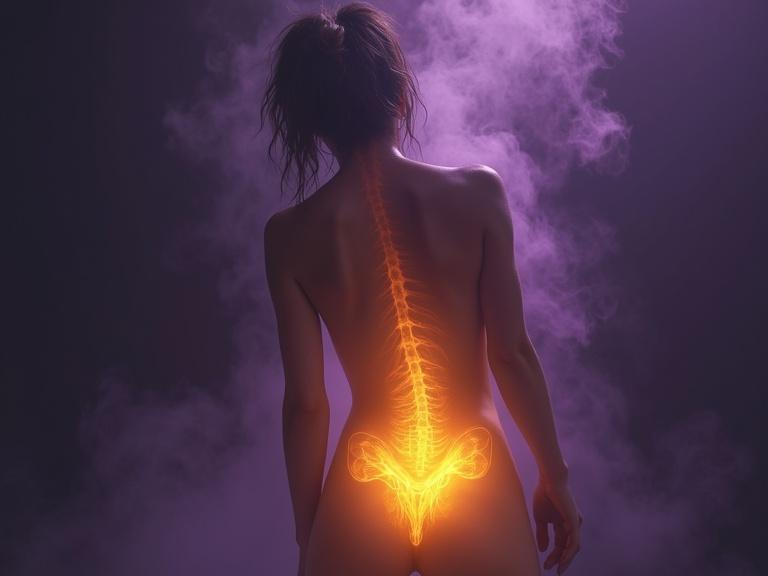 In a realistic style a woman's lower back glows bright yellow with gray smoke rising upwards. Main colors are purple, yellow, and gray. Focus on the glow effect and the silhouette of the body.