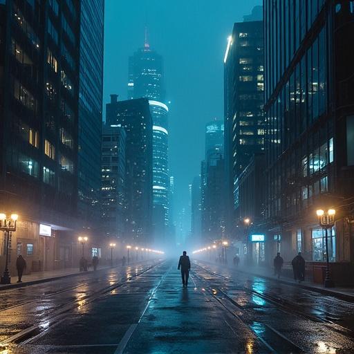 Blown up view of a cyberpunk mega corporation headquarters during a rainy night. Show a person walking on an empty street. Represent a futuristic cityscape shrouded in fog.