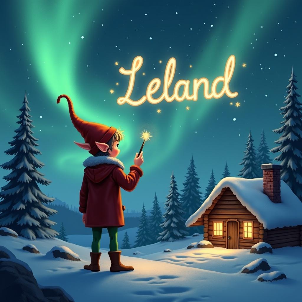 Elf stands with back to viewer. Elf writes Leland in the air using a wand. Magical northern lights and cozy cabin are in the background.