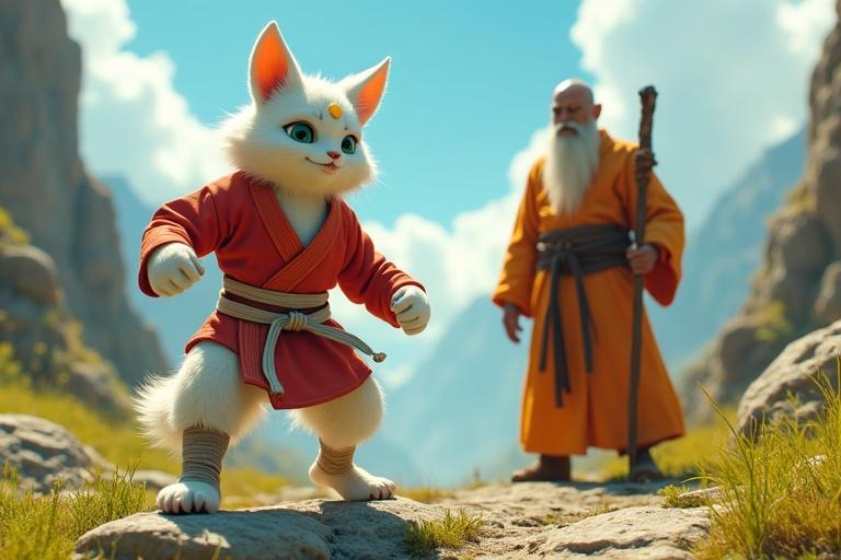 Ultra-HD 4K cinematic scene set on rocky mountain training ground under bright blue sky. Kittuu with white fur and emerald-green eyes practicing karate moves in light red gi with white belt. Sweat glistens on his fur. Bandaged feet grip ground. Golden forehead mark glows faintly. Mahaguru in orange-white robes watches sternly. The scene has vibrant green grass and rocky cliffs. Golden sunlight enhances details of Kittuu's fur and gi, and Mahaguru's robes.