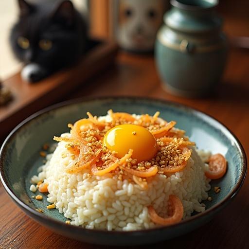 A photorealistic image of Japanese rice topped with pickled ginger and egg yolk. An Akihabara-style idol character wearing an Aho Aho Man costume is enjoying the dish. A black cat and ghost Q-taro appear in the background. The '@hu_jim29' logo is delicately engraved on the plate. Image features dynamic composition and dramatic lighting.