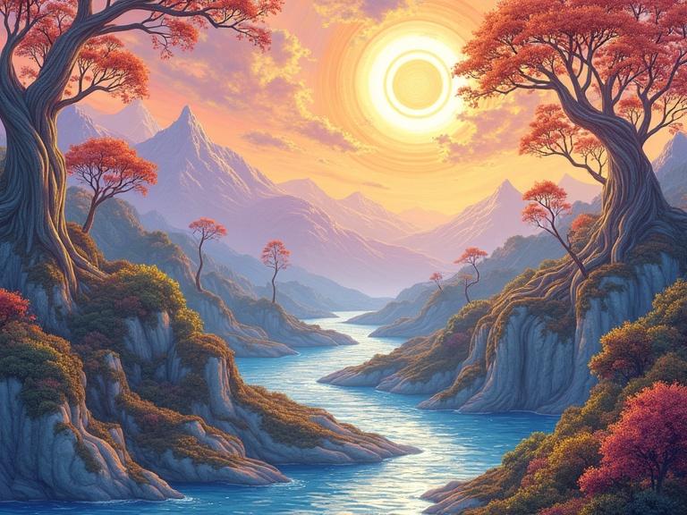 An enchanting abstract landscape designed in art nouveau style. Winding hills and flowing cliffs create rhythmic curves. Organic shapes emerge from the terrain with crystal trees and spiraling rivers. The sky features glowing pastel gradients and botanical motifs. The sun radiates with copper and lavender halos. Structures showcase natural symmetry, blending fantasy and elegance in a captivating scene.