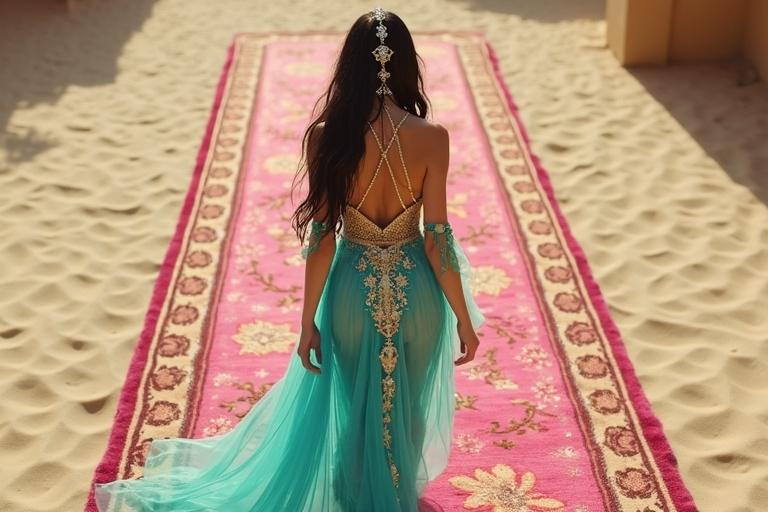 Wide overhead shot of a tall woman in a turquoise Arabian princess-style outfit with ornate gold embroidery. She has shiny black hair and a bold jeweled headpiece. She walks barefoot on sand towards a small square magical pink carpet. Gown trails behind her. She looks entranced.