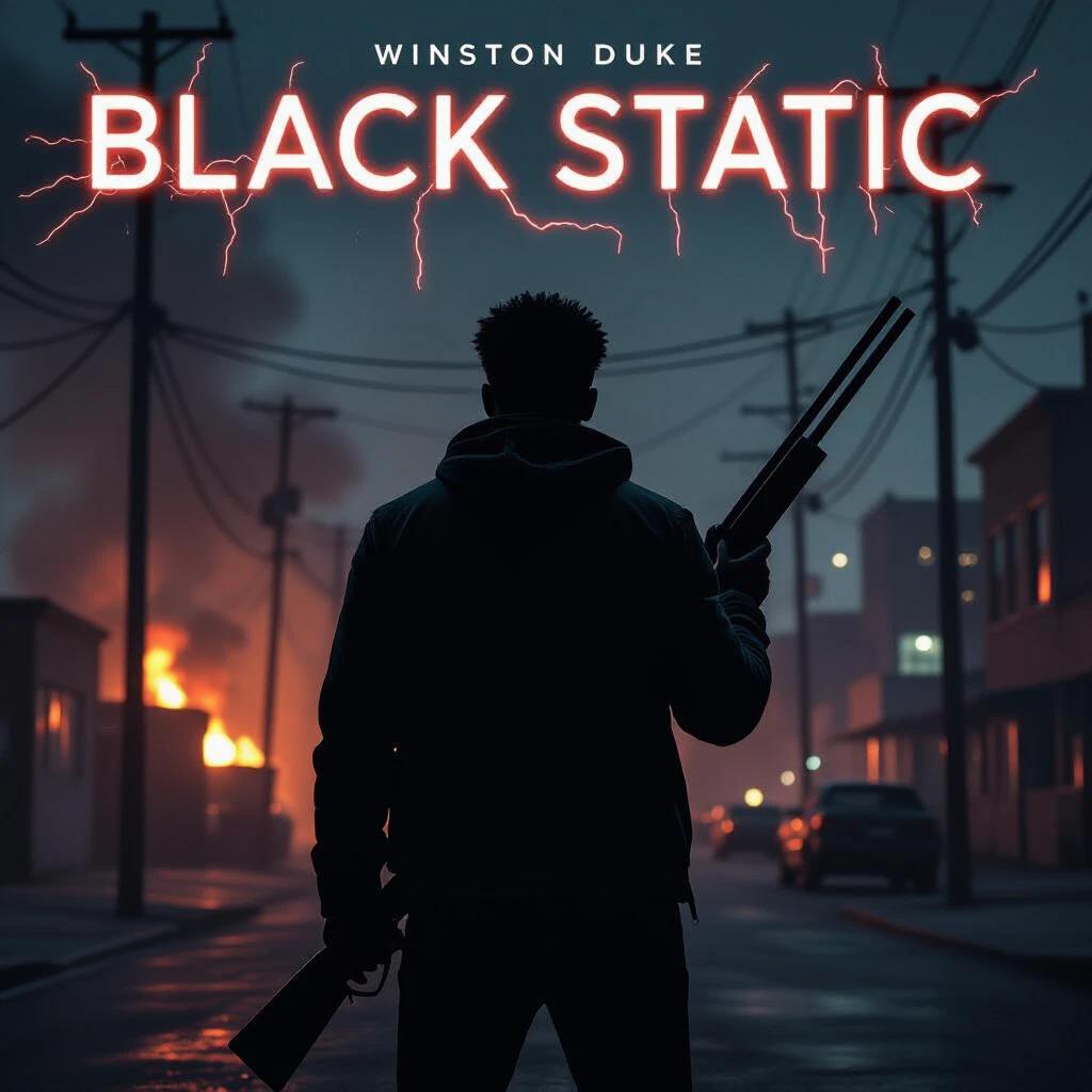 Winston Duke holds a shotgun. Silhouette backlit by burning power lines. Pitch-black city grid. Static interference and signal distortion across the poster. Title in electric serif font. 5K grunge realism with metallic textures.