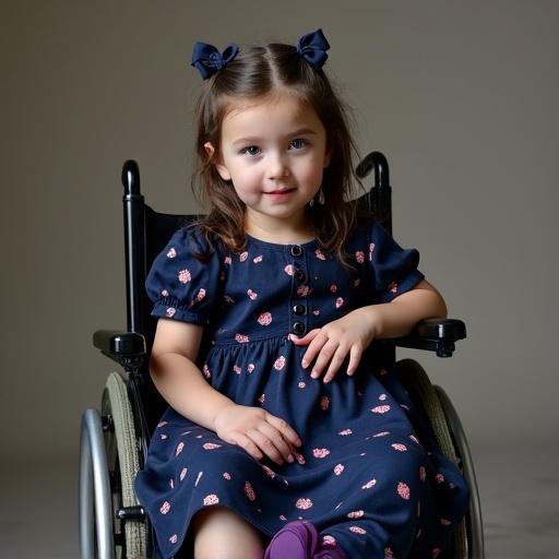 Photo of a young girl with dark hair styled in two braids. She wears a dark blue dress with pink patterns and violet sandals. The girl is seated in a wheelchair and secured.