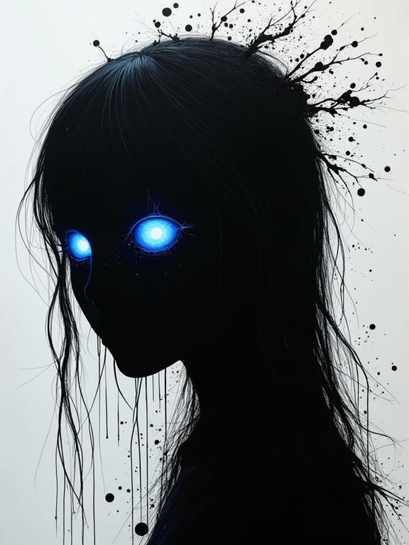 Surreal minimalist artwork. Silhouette of a tormented soul with big shiny blue eyes. Long sleek hair. Black paint drips and melts into streaks. Gray background.