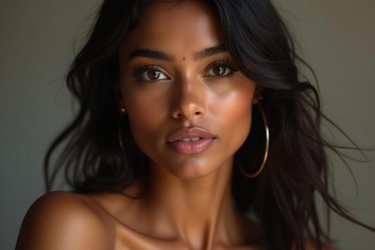 Portrait of a beautiful Indian woman with radiant skin and flowing hair. Soft background enhances her presence. Warm colors and soft light create a natural glow. Elegant pose exudes confidence.