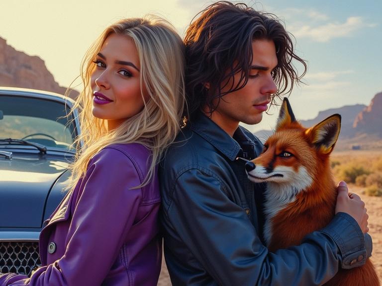 An illustration depicting a confident young woman with long blonde hair in a purple leather jacket and a contemplative young man beside her. They are both facing away from each other. A fox is held by the young man. Warm lighting provides a soft glow.
