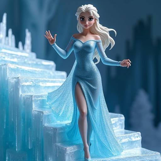 A resin figurine inspired by a powerful woman. The figure climbs an icy staircase. She is elegant and confident with long platinum-blonde hair. Her tight-fitting ice-blue dress has a long slit and sparkles. The staircase is made of translucent ice. She raises one hand as if casting magic. Her expression is confident. Strong light reflections create a shimmering atmosphere.
