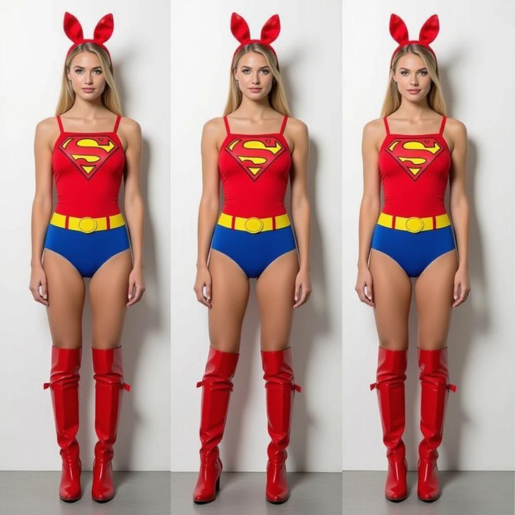 Realistic image of a 20-year-old woman. Height of 155 cm, weight 38 kg. Body measurements are 76-55-78. Wearing a red bodysuit with a heart-shaped Superman symbol and an 'O'. Red knee-high stiletto boots with a platform. A headband with plush bunny ears. A belt at the waist with a gun in a holster. Right hand resting on the gun and left hand on the hip.