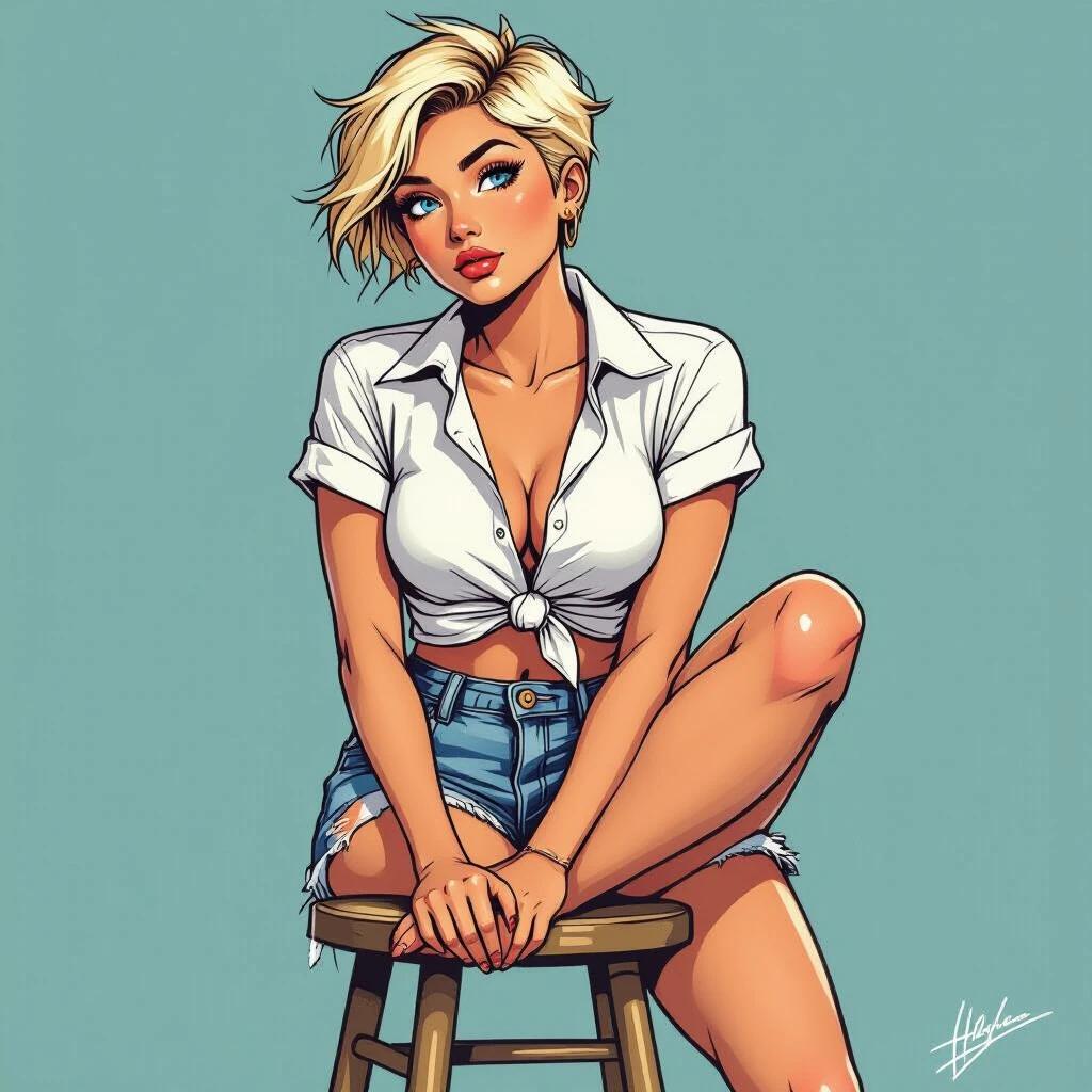 A 19-year-old woman poses sitting on a stool. She has a crew cut and straw-blonde hair. She wears ripped denim shorts and a knotted white shirt. She sits with one leg crossed over the other. Her eyes are bright blue. She has a confident demeanor. The illustration is semi-realistic with bold contours.