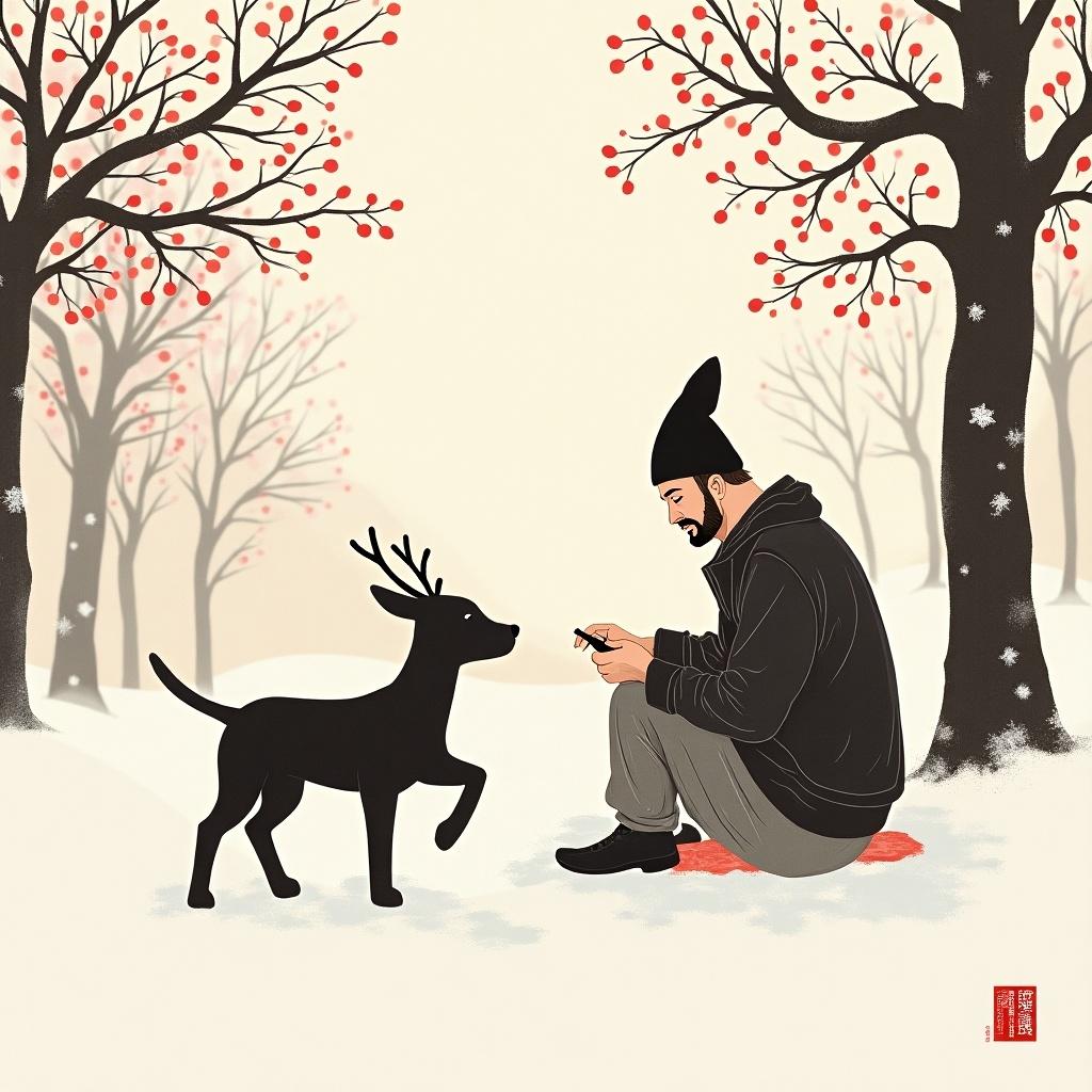 Create a Chinese ink painting showing a person in a snowy landscape with a dog and a deer. The scenery includes snow-covered trees with red berries. Highlight the Christmas theme.