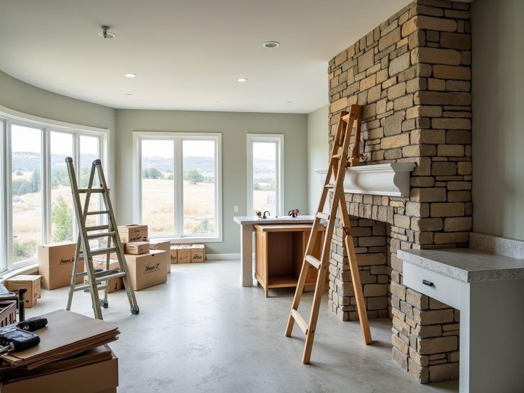 Custom home remodeling is taking place in this spacious interior. The renovation is in progress, with various tools and materials scattered throughout the room. Large windows allow natural light to flood in, highlighting the unfinished work. A wooden ladder stands near the stone wall feature, ready for the next task. Boxes and countertop materials are piled up, indicating the ongoing updates. The kitchen area is being updated with new fixtures and finishes, creating a modern and inviting space.