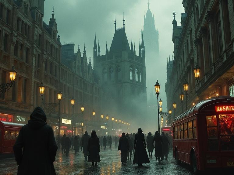 A misty London street under attack by vampires. Gothic architecture looms in the background. Shadows of figures wander amidst the fog at evening. Urban setting filled with mood and tension.