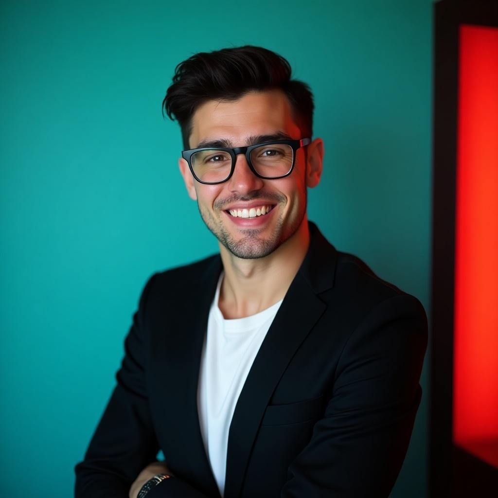 A young man with dark hair and a confident smile. He wears a black blazer over a white shirt and glasses. Positioned against an aqua backdrop with subtle red lighting. Posing for a LinkedIn profile.