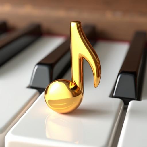 Golden music note in 3D design placed on a piano keyboard. The note is shiny and golden. The background has black and white piano keys.