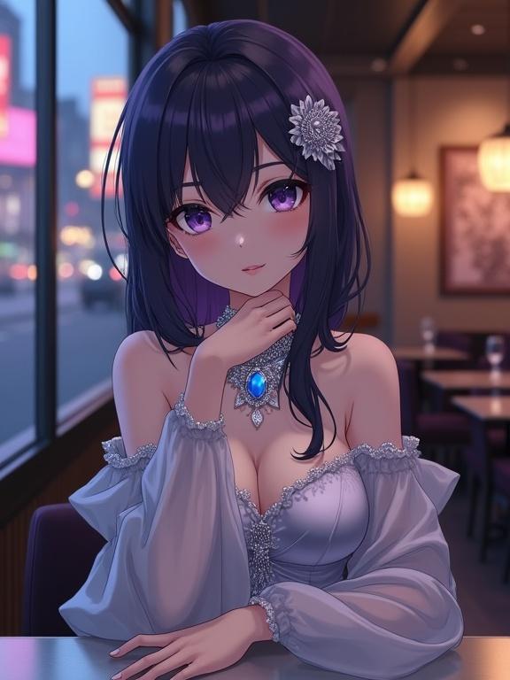 A captivating anime adult woman sits at a table in a dimly lit restaurant. She has shoulder-length dark violet hair and striking dark violet eyes. Her fair skin contrasts with her hair. A silver floral kanzashi adorns her hair. She wears a light silver off-the-shoulder gown with sheer, flared sleeves. A sparkling multi-layered necklace with a vibrant blue gem is around her neck. Her arms rest on the table, one hand over the other. The background shows a softly blurred restaurant atmosphere with warm lighting. A city street scene is visible through a window. The mood is elegant and melancholic.