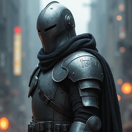 Futuristic knight in a dystopian setting. The figure wears an intricately designed helmet and armor. The background features a rainy urban landscape.