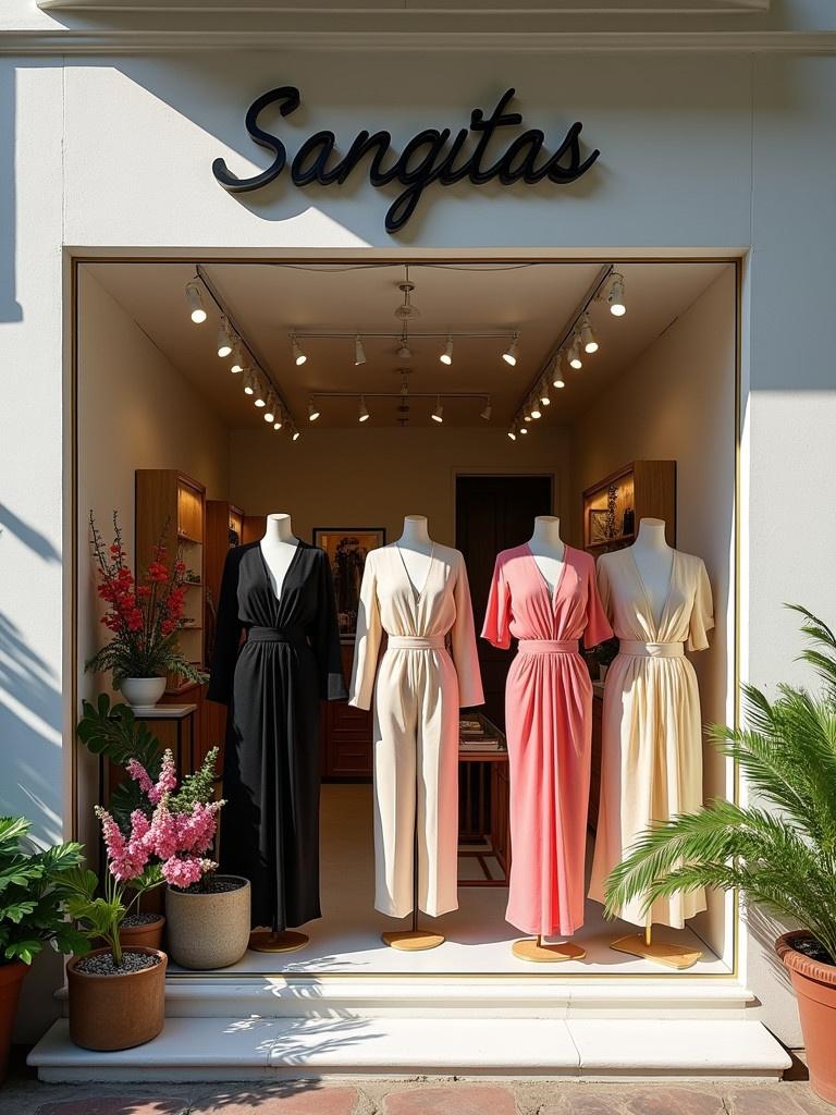 Showcase of a fashion store named Sangitas. Window display features mannequins in elegant dresses. Outfits include black pink and cream colors. Storefront made of white plaster. Flowers and plants adorn the entrance. Bright natural sunlight enhances clothing details.