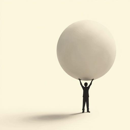 Illustration of a tiny human carrying a large sphere. The scene highlights vast space and clean background. Minimalist style with surreal elements. Modern and poetic aesthetic.